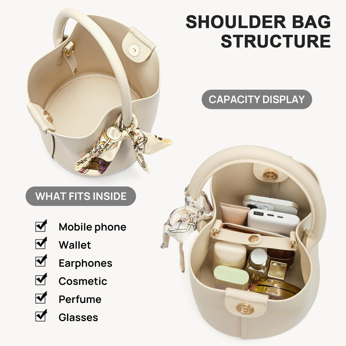BOSTANTEN Small Crossbody Bags for Women Vegan Leather Mini Bucket Handbag Removable Shoulder Strap Beige