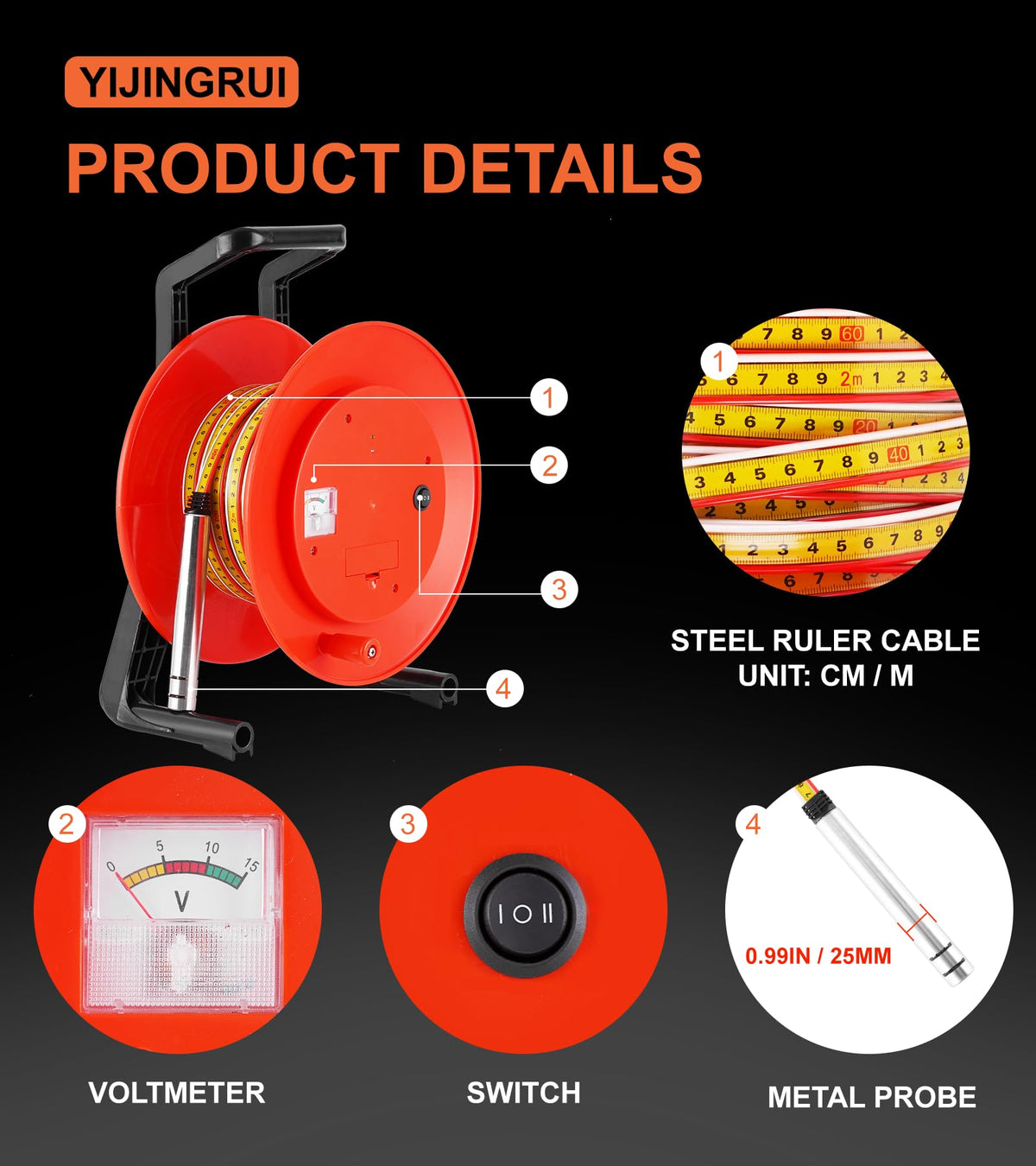 YJINGRUI 66ft/20m Water Level Meter, Water Well Measurement, Water Level Gauge with Fixed Probe and Steel Tape (Diameter 25mm Probe)