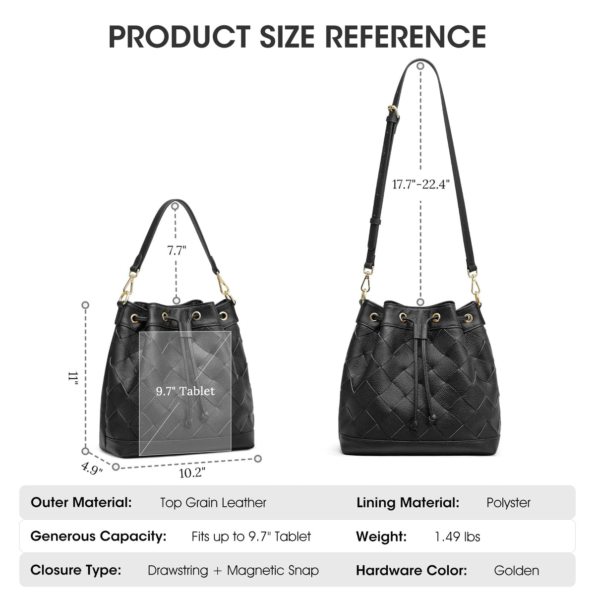 Kattee Woven Genuine Leather Bucket Bags for Women, Drawstring Crossbody Hobo Purses and Shoulder Handbags with 2 Detachable Straps, Black