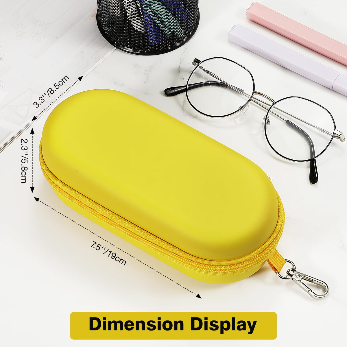 MoKo Double Glasses Case Hard Shell, Portable Travel Eyeglasses Case with Zipper Closure & Metal Hanging Hook, PU Leather Dual Sunglass Organizer for Women, Men, Yellow-Oval