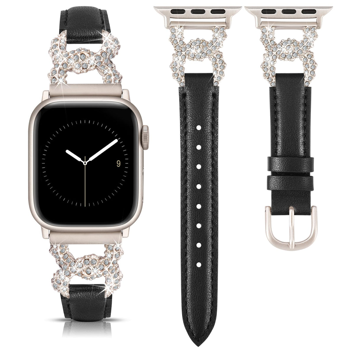 TOYOUTHS Leather Band Compatible with Apple Watch Bands Women 38/40/41/42mm Dressy Designer Diamond Interlock Buckle Thin Leather Strap for iWatch Series 11 10 9 8 7 6 5 4 SE 3 2 1, Black/Starlight