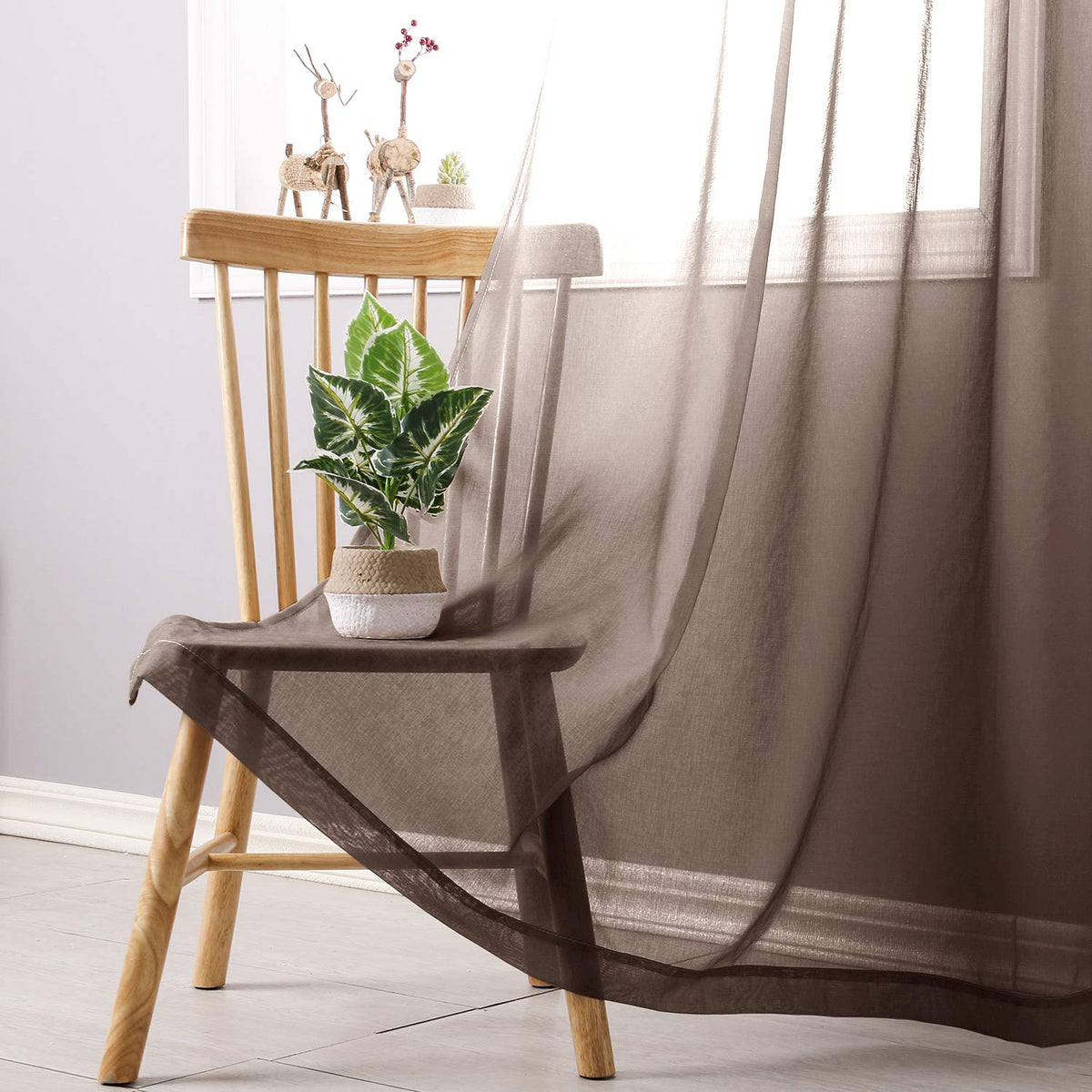 DWCN Faux Linen Ombre Sheer Curtains - Gradient Semi Voile Grommet Top Window Curtains for Bedroom and Living Room, Set of 2 Panels, 52 x 84 Inches Long, Chocolate Brown