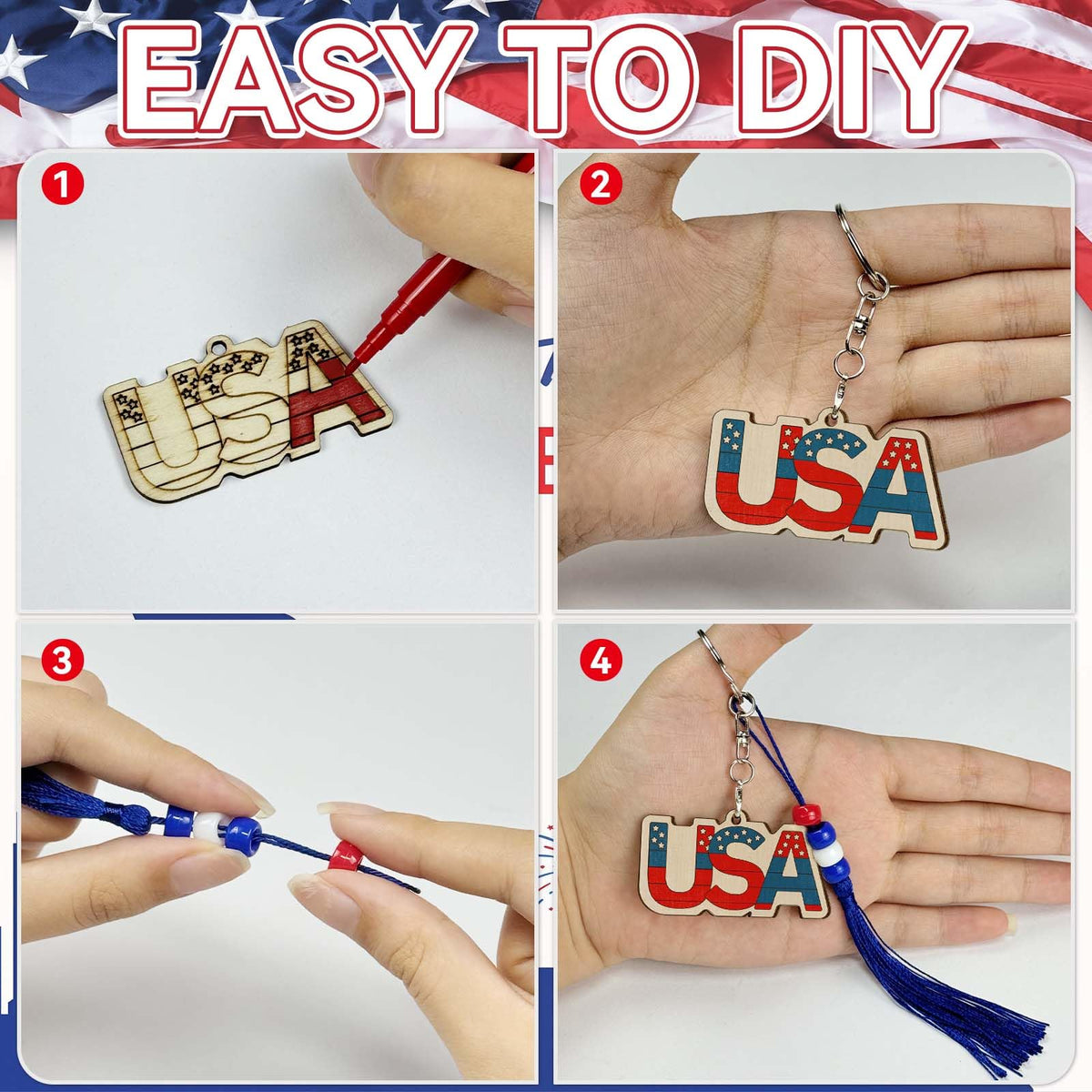 Cinrobiye 24 Set Patriotic Crafts Kits DIY Art and Craft Kit Bulk 4th of July Wooden Paint Keychains Gifts for Home School Art Project Activitiy 250th Anniversary Memorial Day Independence Day Decors