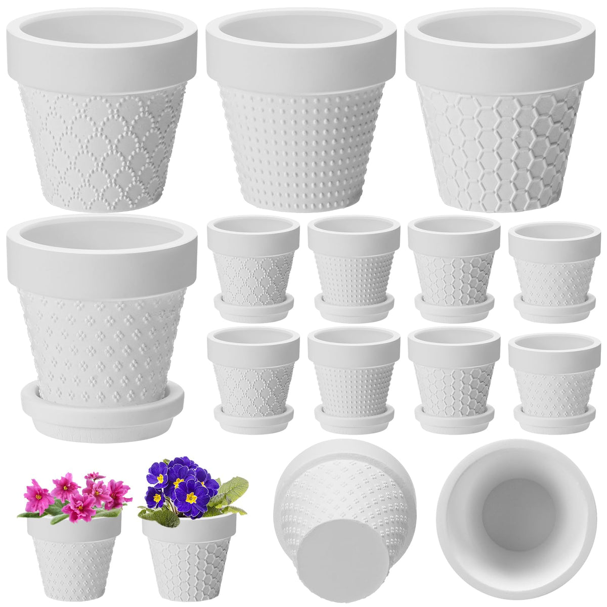 Meanplan 12 Pcs 3 Inch DIY Ceramic African Violet Pots with Saucer Unpainted Ceramic Paintable Flowerpots Small Embossed Flower Pots for Garden Windowsill Indoor Outdoor Wedding Favors Gifts