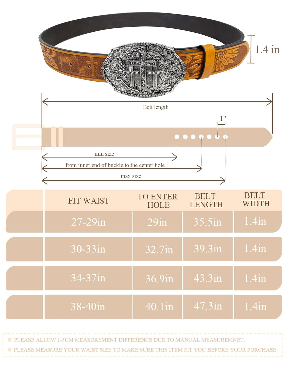 TOPACC Western Belts for Woman Men Cross Belt Buckle Cowgirl Cowboy Brown Leather Country Belt for Jeans Pants