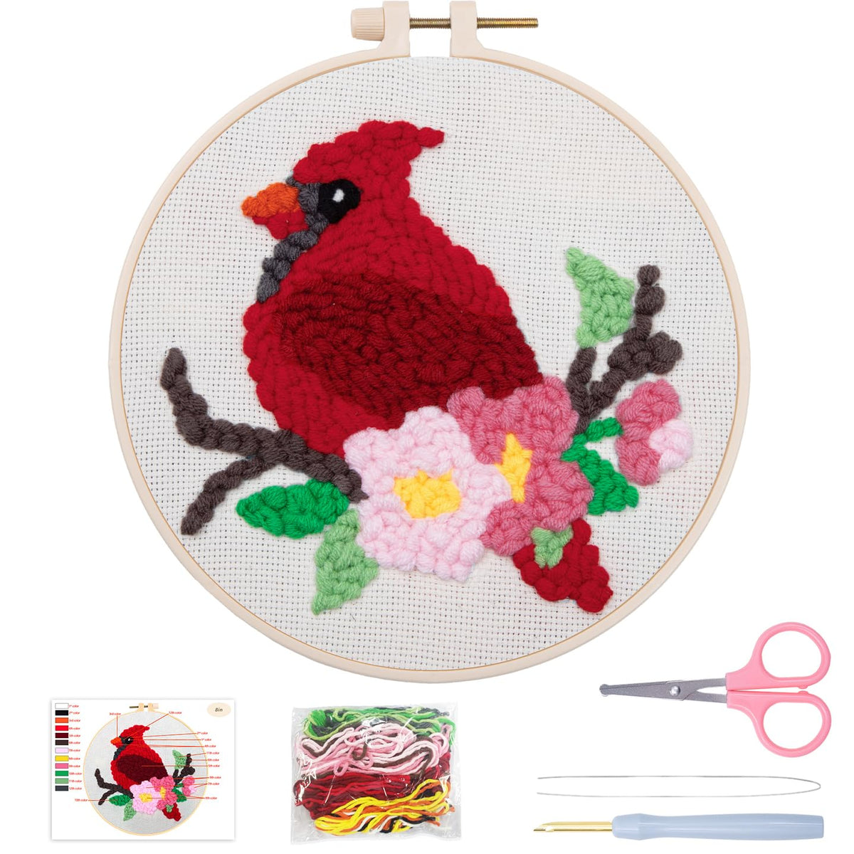 Louise Maelys Beginners Punch Needle Kits,for Starter Adults,Rug Cross Stitch Kit Tool Including Handle Embroidery Pen,Cloth,Hoop,Threads and Instruction-Cardinal Bird Pattern