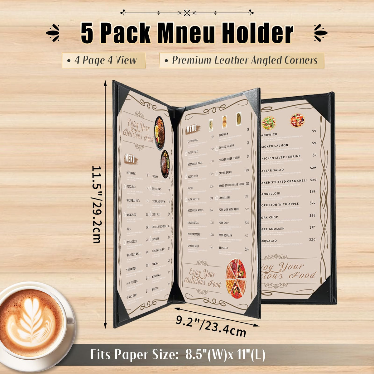 FLKQC Restaurant Menu Covers Holders 8.5 X 11, 5 Pack Synthetic Leather Menu Holder Covers Book Style with Angled Corners Black for Wine List, Certificate Organizer Diploma Holder (3 Page 4 View)
