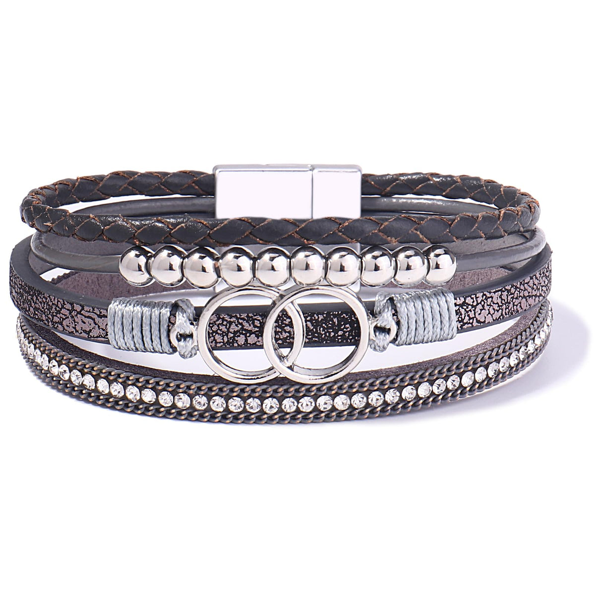 FANCY SHINY Boho Leather Wrap Bracelet Stackable Beaded Infinity Chunky Cuff Bracelets with Magnetic Clasp Western Hippie Outfits Jewelry Gifts for Women(Grey)