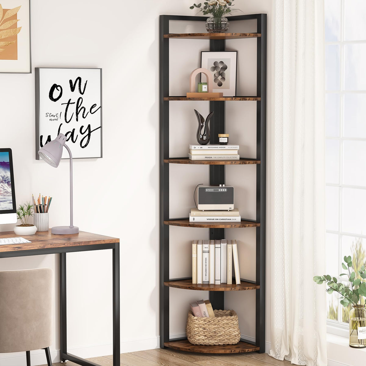 Tribesigns 6 Tier Corner Shelf, 70.9 Inch Tall Corner Bookshelf Small Bookcase Rustic Corner Shelving Unit Storage Rack for Living Room, Home Office, Kitchen, Small Space