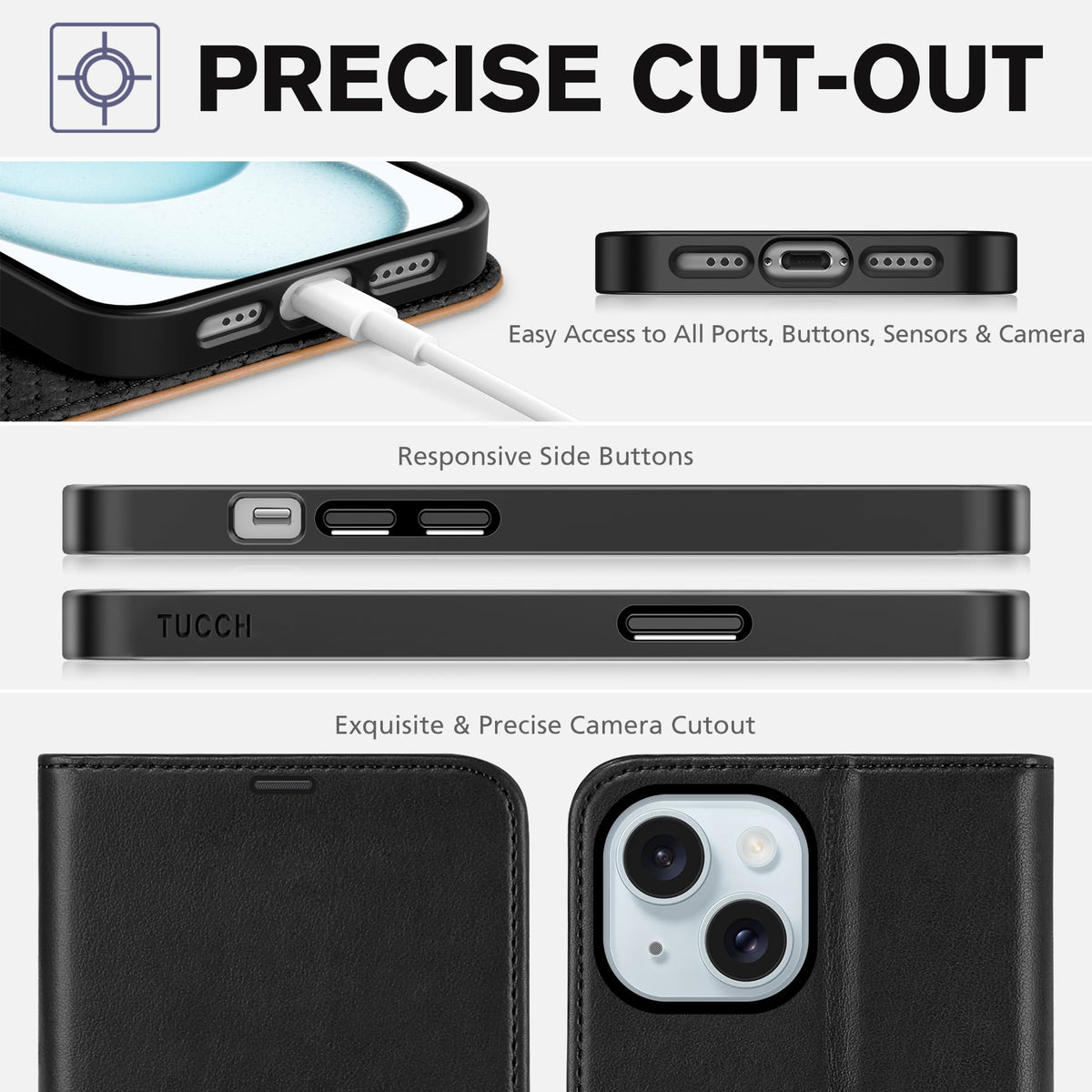 TUCCH Wallet Case for iPhone 15 5G, [RFID Blocking] 4 Card Slot Holder Kickstand [Shockproof TPU Interior Case], PU Leather Magnetic Flip Cover Compatible with iPhone 15 6.1" 2023, Black & Brown