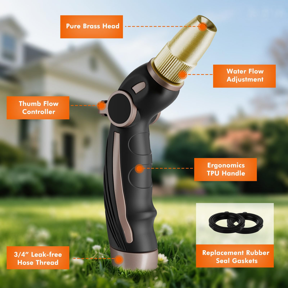 RESTMO High Pressure Hose Nozzle Sprayer, Heavy Duty Brass Head, Metal Water Hose Nozzle for Car Washing, Garden Cleaning, Lawn and Plant Watering, 4 Spray Patterns, Brown
