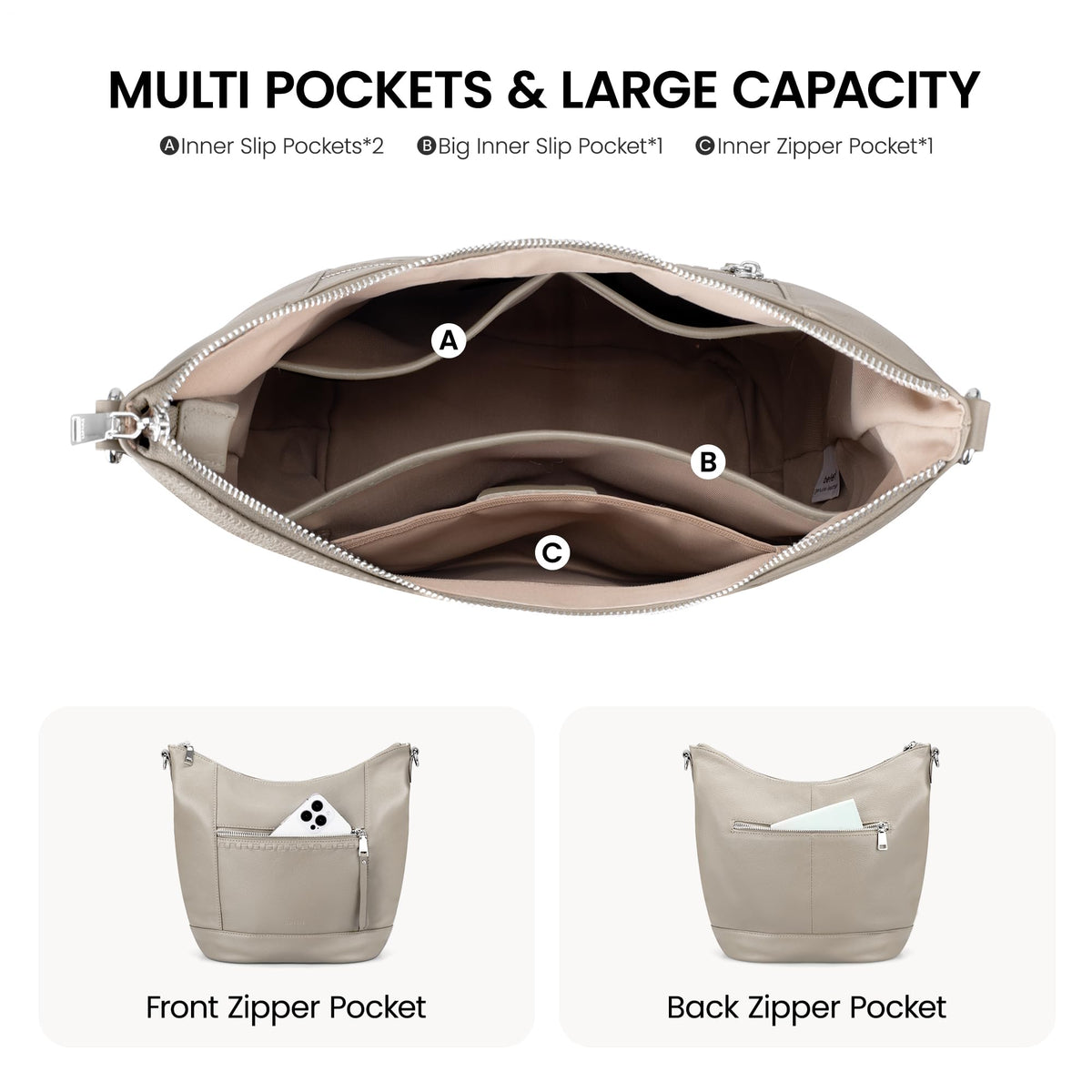befen Soft Shoulder Purses for Women Genuine Leather, Medium Crossbody Hobo Purses for Women, Ladies 100 Percent Real Leather Purse, Lightweight Shoulder Handbags Beige Grey