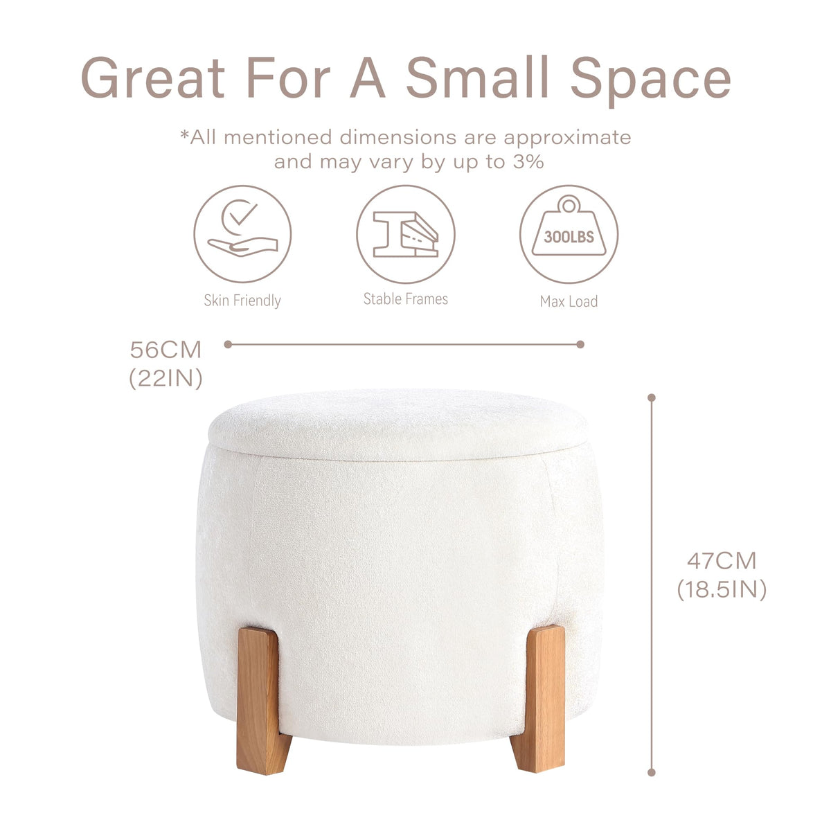 Get Set Style 22 inch Round Ottoman with Wooden Legs, Storage Vanity Stool for Makeup, Upholstered Footrest Stool,Coffee Table for Living Room, Bedroom