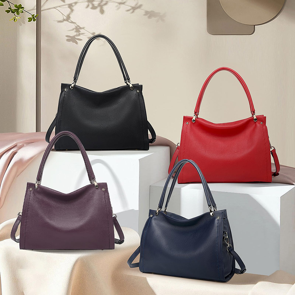KOGTLA Medium Genuine Leather Tote Handbags for Women, Ladies Soft Satchel Shoulder Purses, Two-Handle Hobo Bags