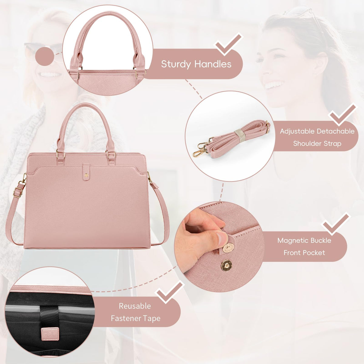 GMAK Laptop Tote Bag for Women, 15.6 Inch Leather Computer Bags Lightweight Business Office Work Briefcase Large Capacity Waterproof Handbag for Daily Commute Travel Work, Pink