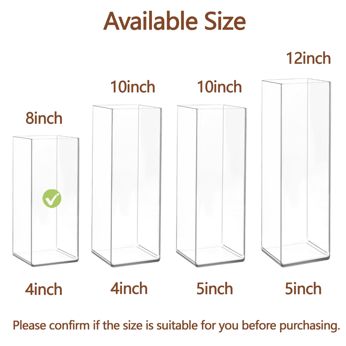Guluto Acrylic Square Flower Vase, Non-breakable Vase, 4" x 4" x 8" Tall Clear Vases for Flower, Large Cube Floral Plant Container, Planter Terrarium for Wedding Party Event, Home Office Decor