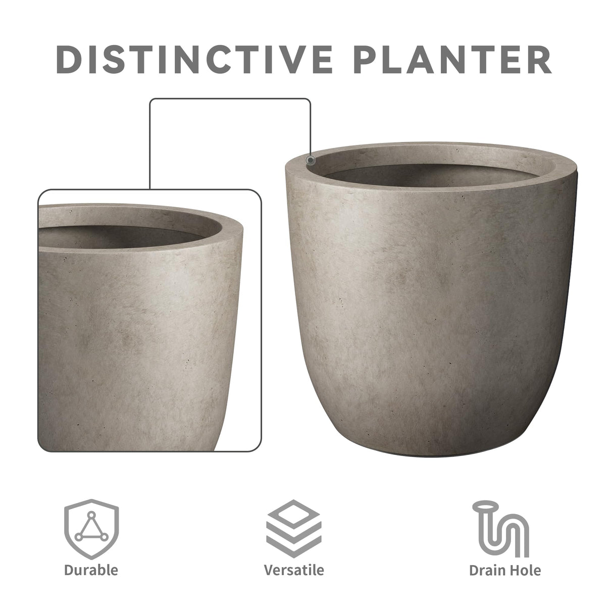 Kante 16.5" Dia Round Concrete Planter, Large Outdoor Modern Indoor Decorative Plant Pots with Drainage Hole and Rubber Plug for Home and Garden, Weathered Concrete