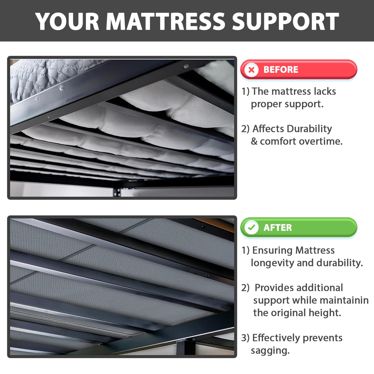 Zayton, 1.5" Split Wood Bunkie Board Queen Size Bed - 2-Piece Under Mattress Support Board, Fully Assembled, Fabric Ventilation Cover - Replaces Wooden Slats or Box Spring for Bed Frames