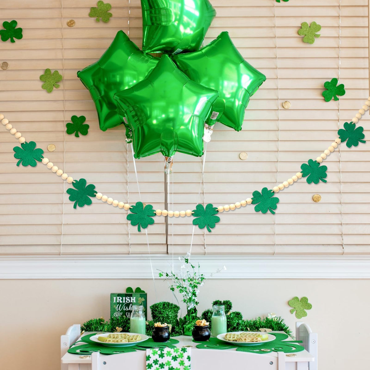 St. Patrick's Day Decorations, Felt Shamrocks Wood Bead Garland Banner for St. Patrick's Day Decor