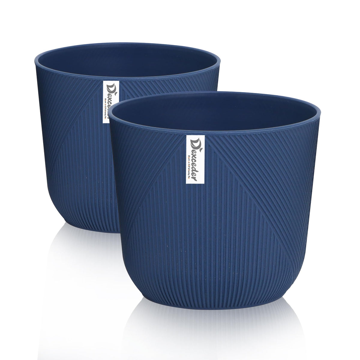 Dexceder 10x9 Striped Table Flower Plant Pot with Drainage Hole & Removable Plug (2 Pack, Deep Blue)