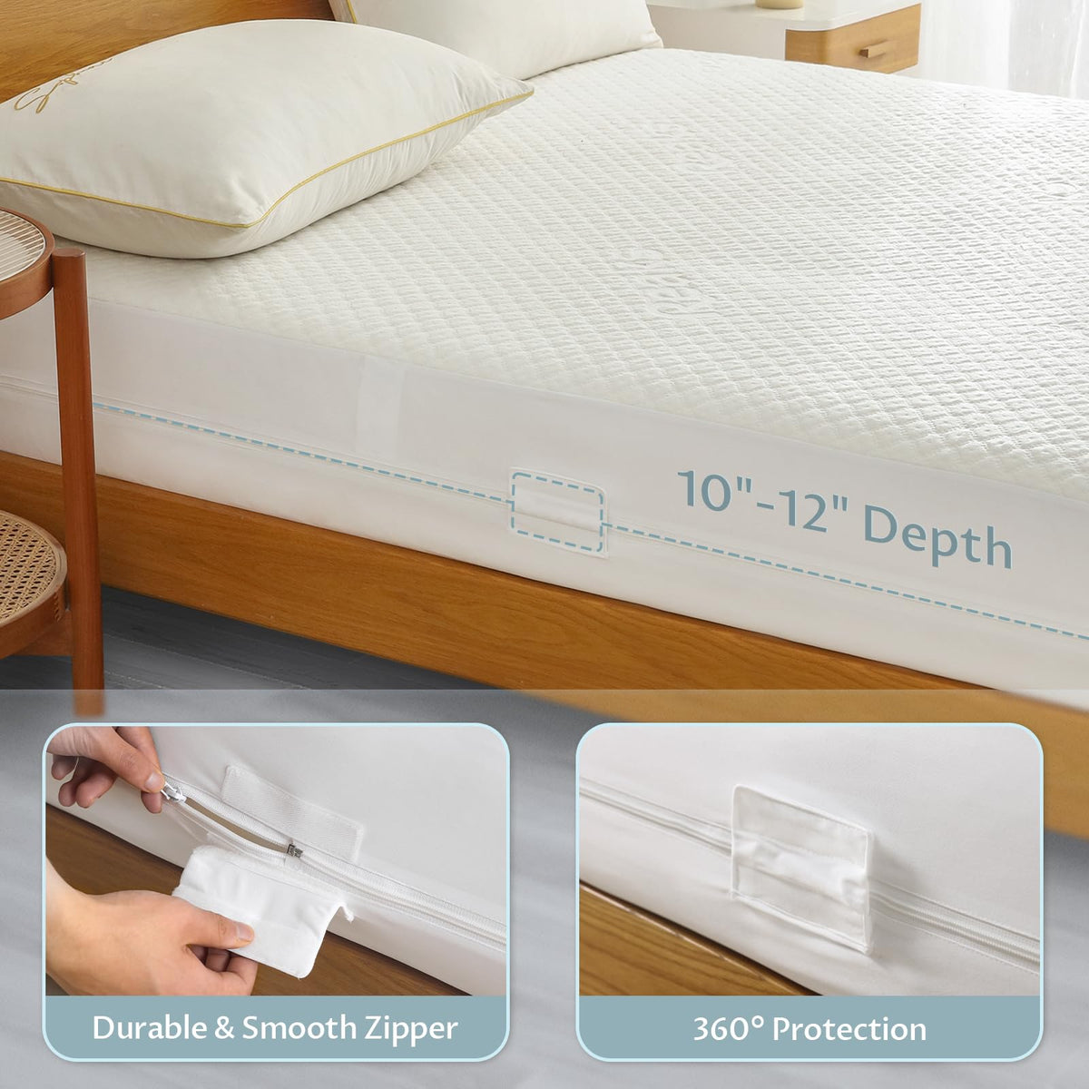 Queen Size Mattress Protector with Zipper - 100% Waterproof Zippered Mattress Cover - Soft & Cooling Noiseless Bed Mattress Covers - Top Removable Mattress Encasement 10-12" Deep