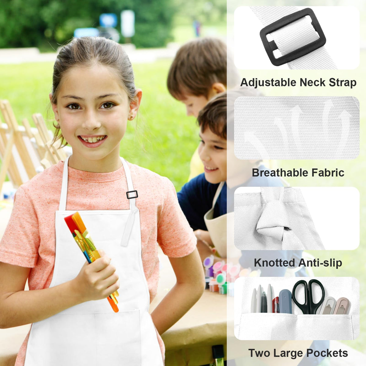 IMERAGO 15 PCS Kids Aprons with Pockets Adjustable Chef Painting Aprons Bulk for Girls Boys Aged 6-13 Cooking Baking Crafting White