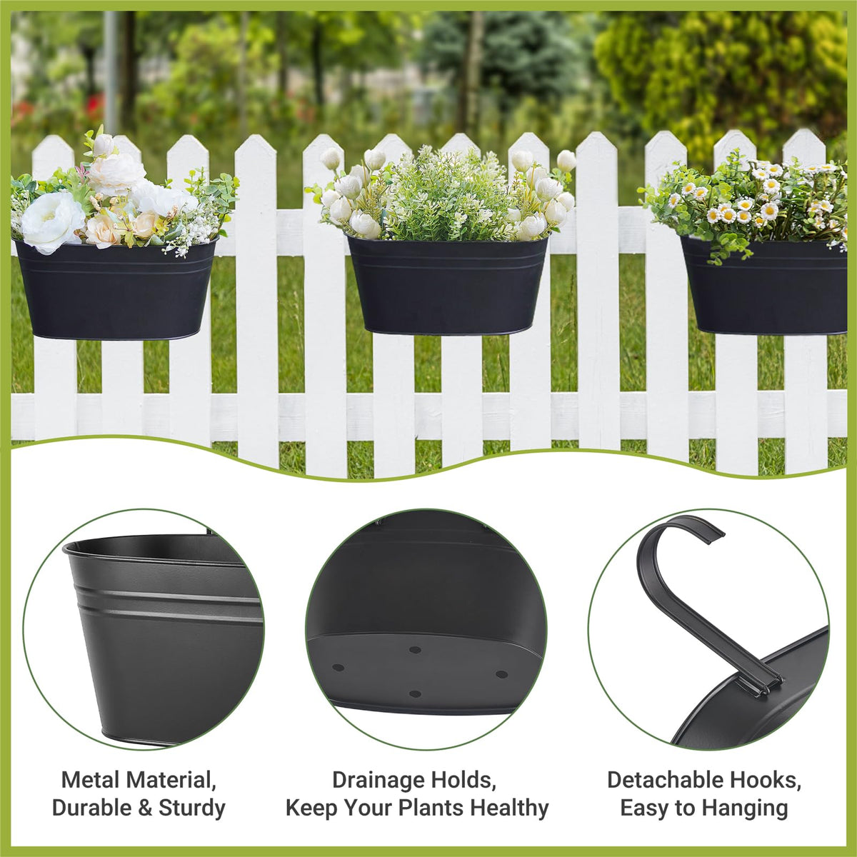 Dahey 10.5 Inch Metal Iron Hanging Flower Pots for Railing Fence Hanging Bucket Pots Countryside Style Outdoor Planter Window Flower Plant Holder with Detachable Hooks Home Decor, Black,4 Pcs
