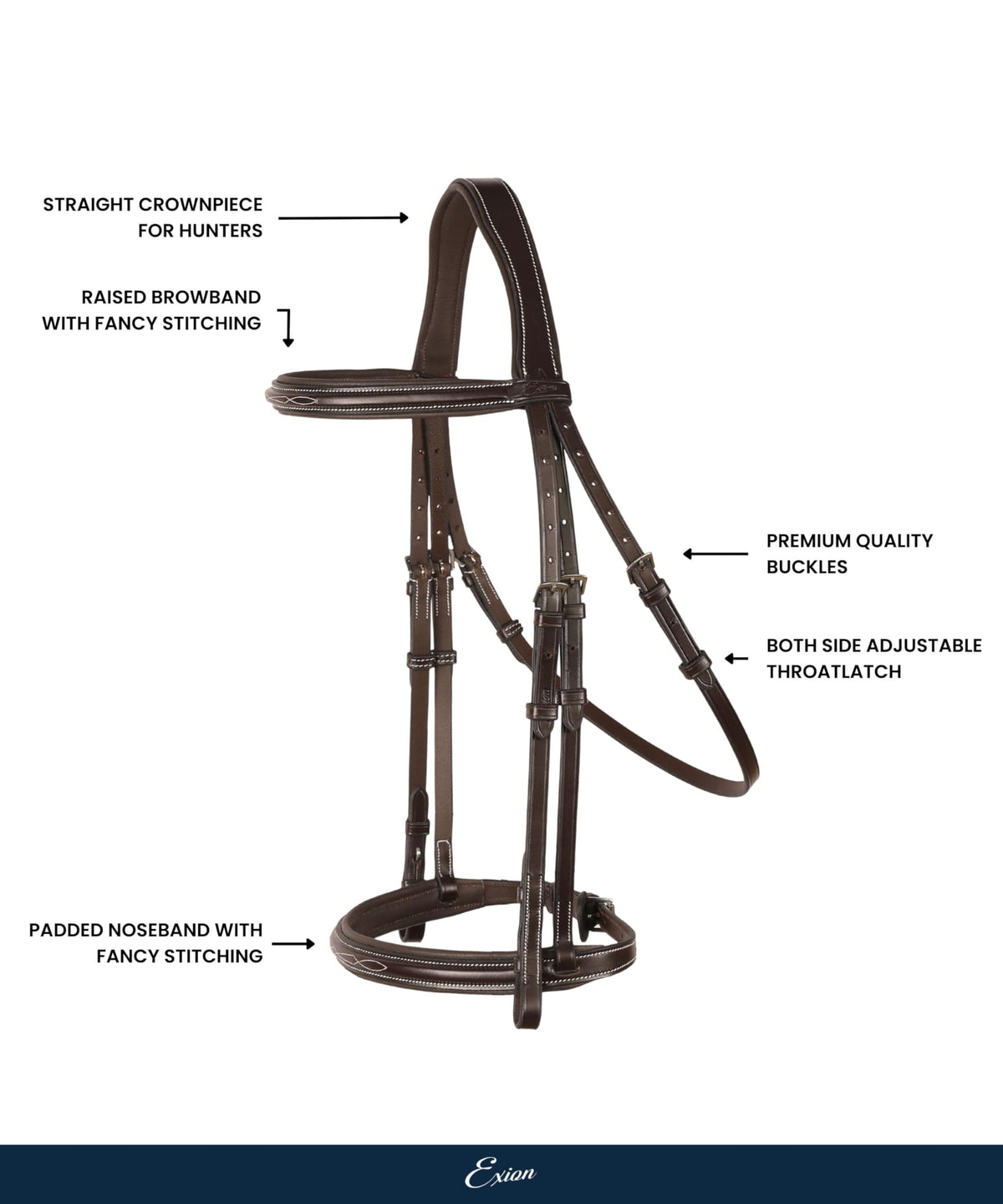 Exion English Hunter Bridle with Designer Stitched Browband & Hunter Noseband – Anatomical Mono Crownpiece, Padded Noseband, Rubber Reins – Horse, Cob, Pony, Oversize – Black, Havana, Oak Brown