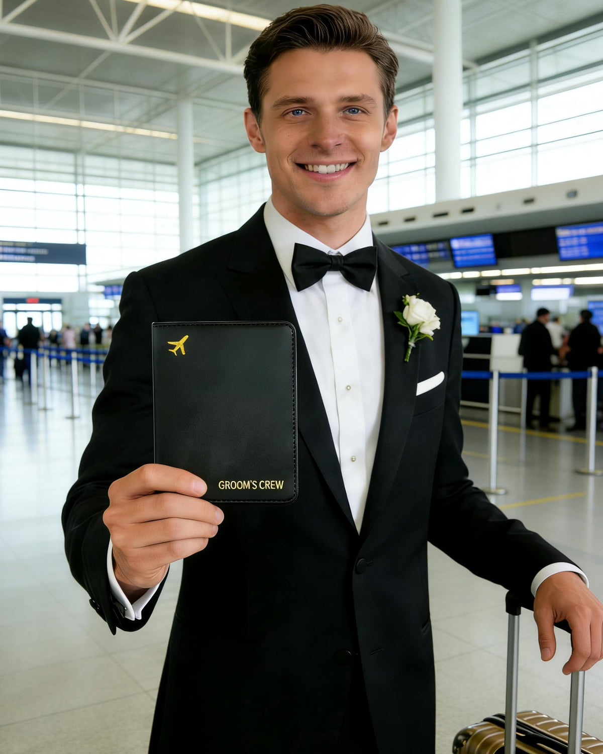 Groomsmen Gifts Passport Holders - Groom's Crew Gold Hot Stamping | PU Leather Travel Wallet | Bachelor Party Proposal Gift for Groomsman