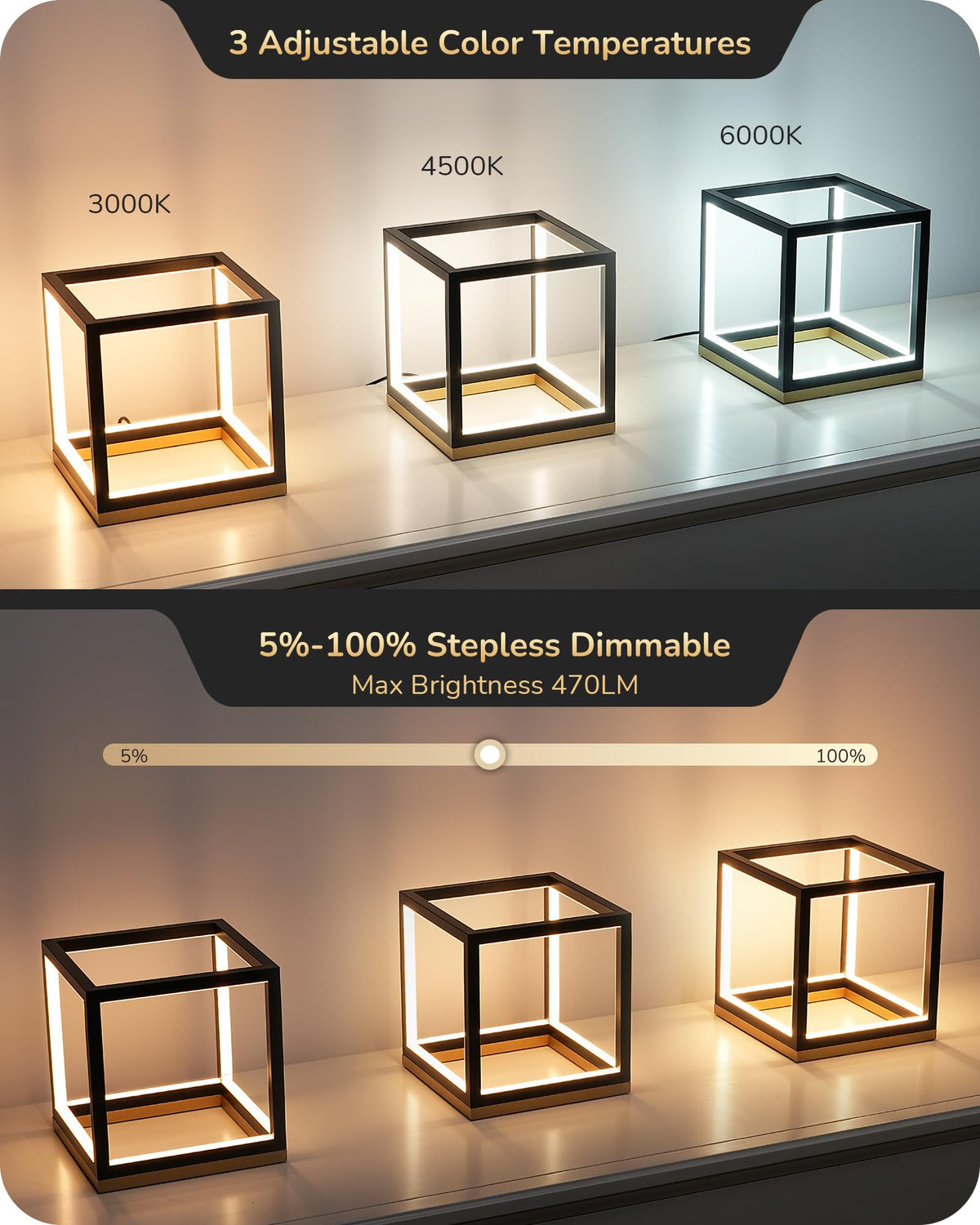 EDISHINE Modern LED Table Lamp, 3-Way Dimmable, 3000K/4500K/6000K, Black Gold, Model HLTL02VY12R