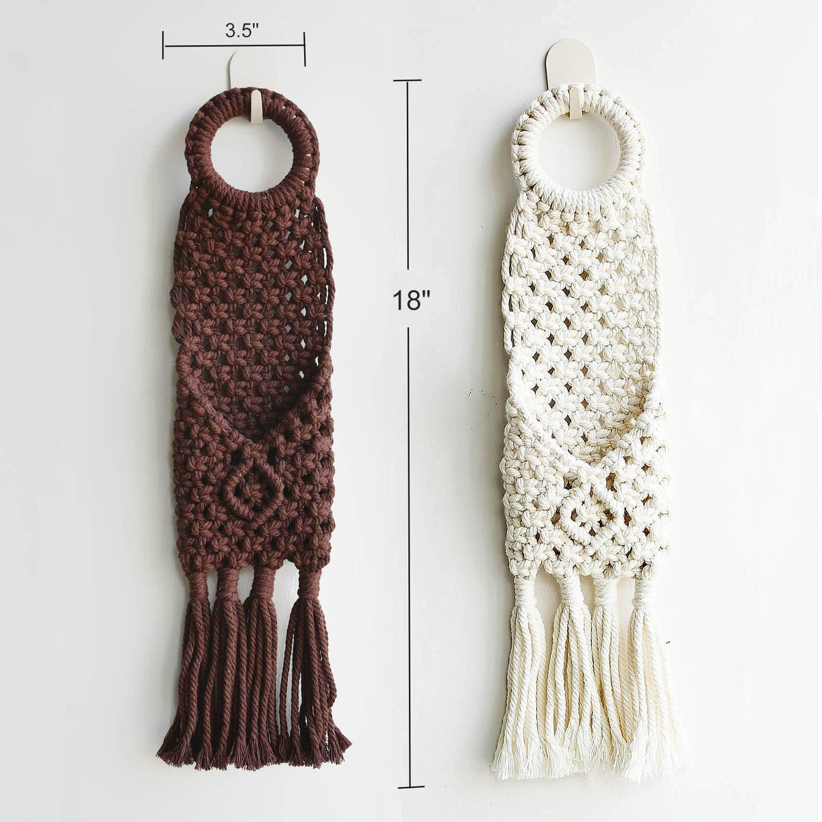 Macravine 2-Pack Boho Phone Hanger on wall, Macrame Remote Control Hanging, Chic Home Decoration Crochet Hanging Organizer, Boho Key Holder 18"X3.5"(Brown+Beige)