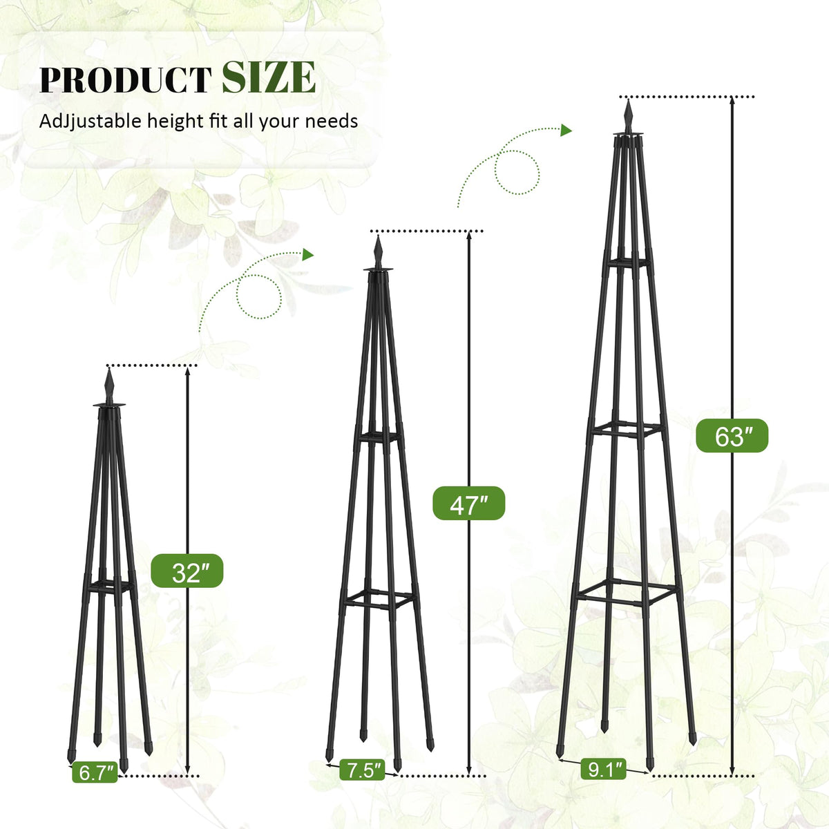 Alisisfores 5.2 FT Obelisk Trellis for Climbing Plants,Garden Trellis with Extra Thickened Plastic-Coated Metal Pipes, Outdoor & Indoor Garden Support for Potted Plants, Black