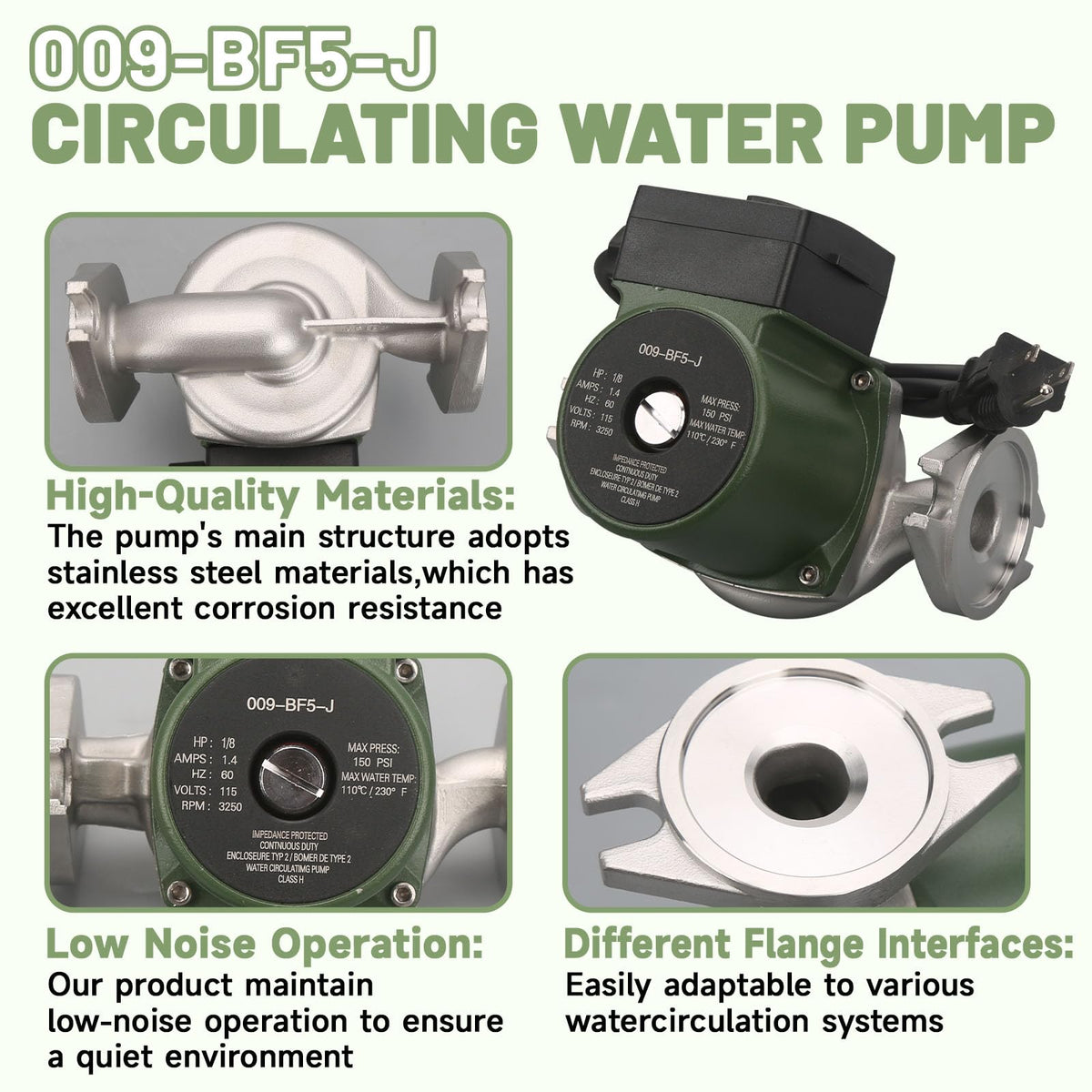 009-BF5-J Stainless Steel Water Circulator Pump 1/8 HP 115V 60Hz for Hydronic Heating Boiler Hot Water Circulation System