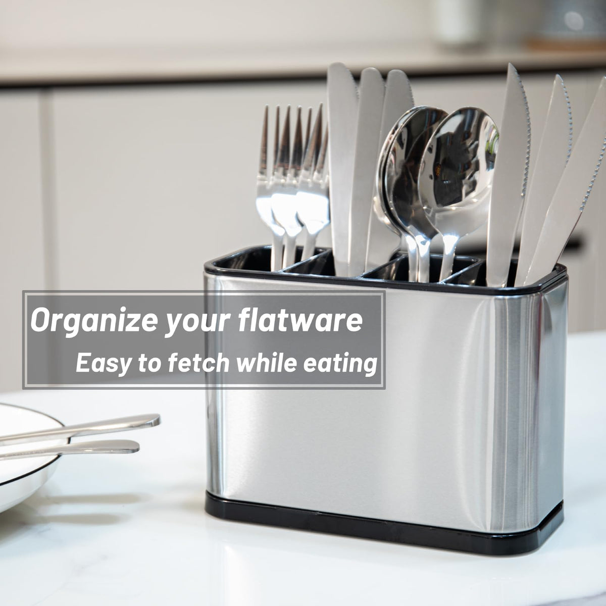 Haiyouneer Silverware Caddy Cutlery Organizer for Countertop Silverware Holder for Fork Knife Spoon Flatware Organizer 4 Compartments Cutlery Holder