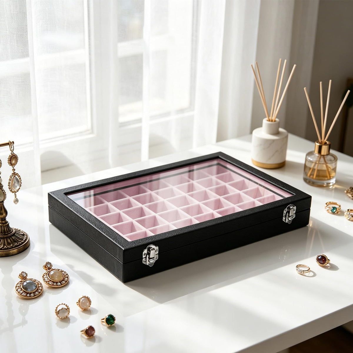 Stratalife Jewelry Organizer 48 Grid Jewelry Tray with Clear Lid Dust-proof Velvet Earring Organizer Necklace Rings Holder Display Drawer Storage Case for Women Pink Black