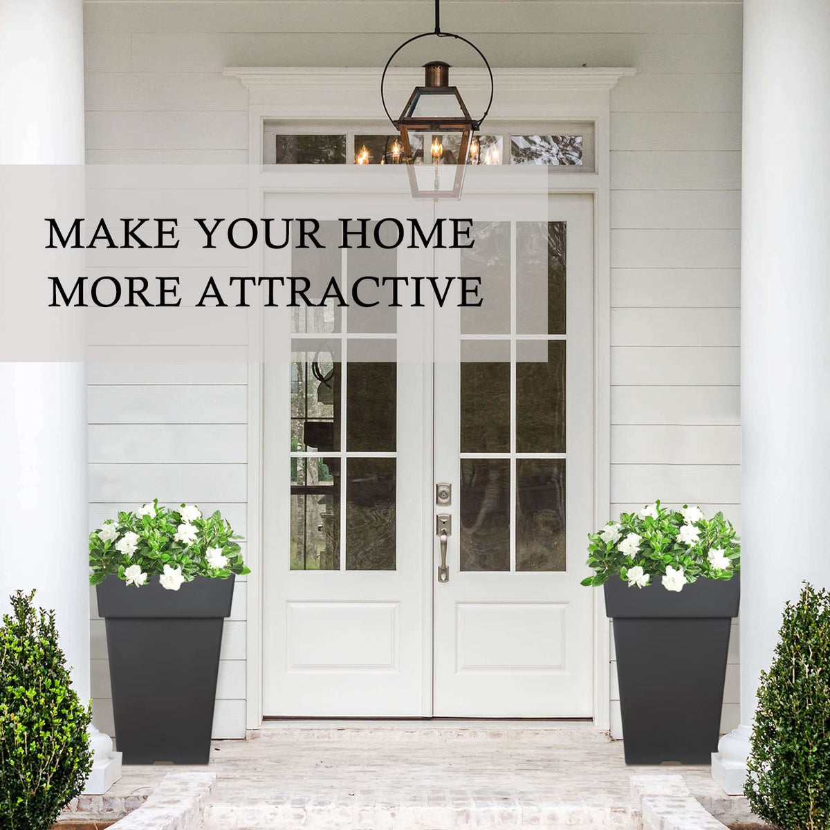 Tall Planters for Outdoor Plants, 20 Inch Movable Drainage Large Outdoor Planter Indoor Planters, Set of 2 Plastic Planters for Front Porch Door Garden Balcony Deck, Dark Gray 20"