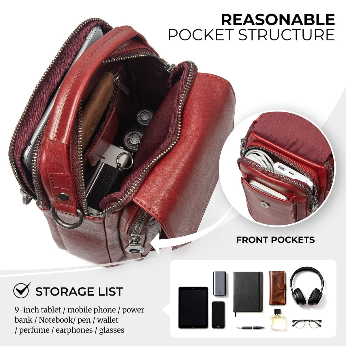 Augus Leather Small Messenger Bag For Men Crossbody Handbag Shoulder Sling Travel Bags for Men Purse Daypack Magnetic Buckle (burgundy)