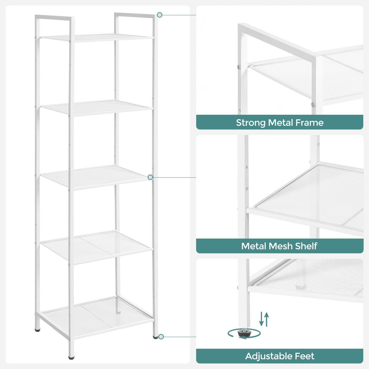 SONGMICS 5-Tier Storage Rack, Bathroom Shelf, Extendable Plant Stand with Adjustable Shelf, for Bathroom, Living Room, Balcony, Kitchen, White UBSC035W01
