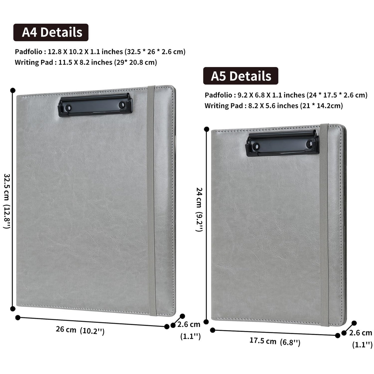 Wonderpool A4 PU Leather Clipboard Partfolio Notepad Forms Holders Document Case - Interview Planner Meeting Writing Padfolio File for Office Travel School Hotel (Grey, A4)