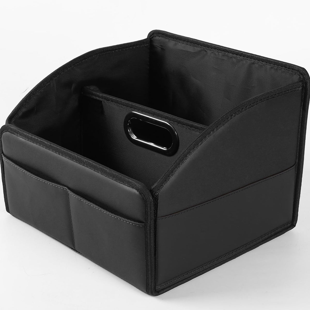 Uplien Car Storage Organizer [2025 UPDATED] Leather Car Caddy Basket for Front Seat Floor Back Seats Metal Handle 6 Compartments Adjustable Strap Buckles Slip-Resistant (Black)