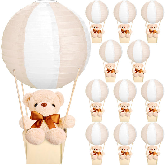 Baquler 12 Sets Baby Shower Hot Air Balloon Table Centerpieces DIY Paper Lanterns Stuffed Plush Bear Wooden Baskets for Wedding Birthday Gender Reveal (Beige White,Mixed Style)