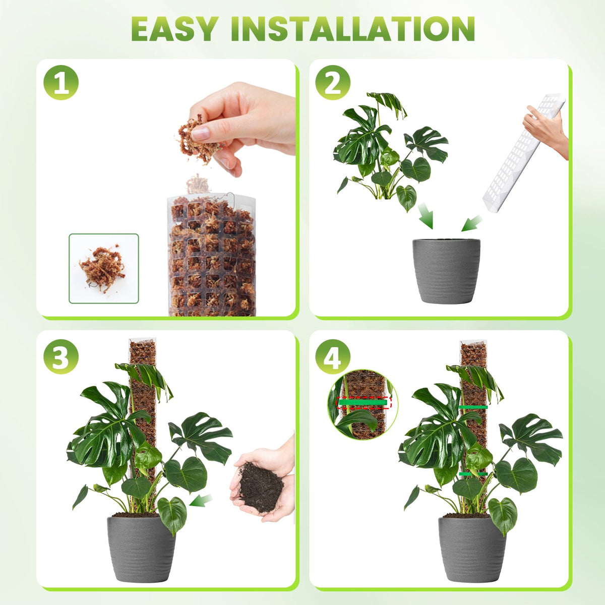 EOX 2 Pcs 24 Inch Plastic Moss Pole for Monstera, Large D Shaped Poles for Climbing Plants Work with Sphagnum Moss, 45 Inch Plant Stake Set of 2, Garden Ties