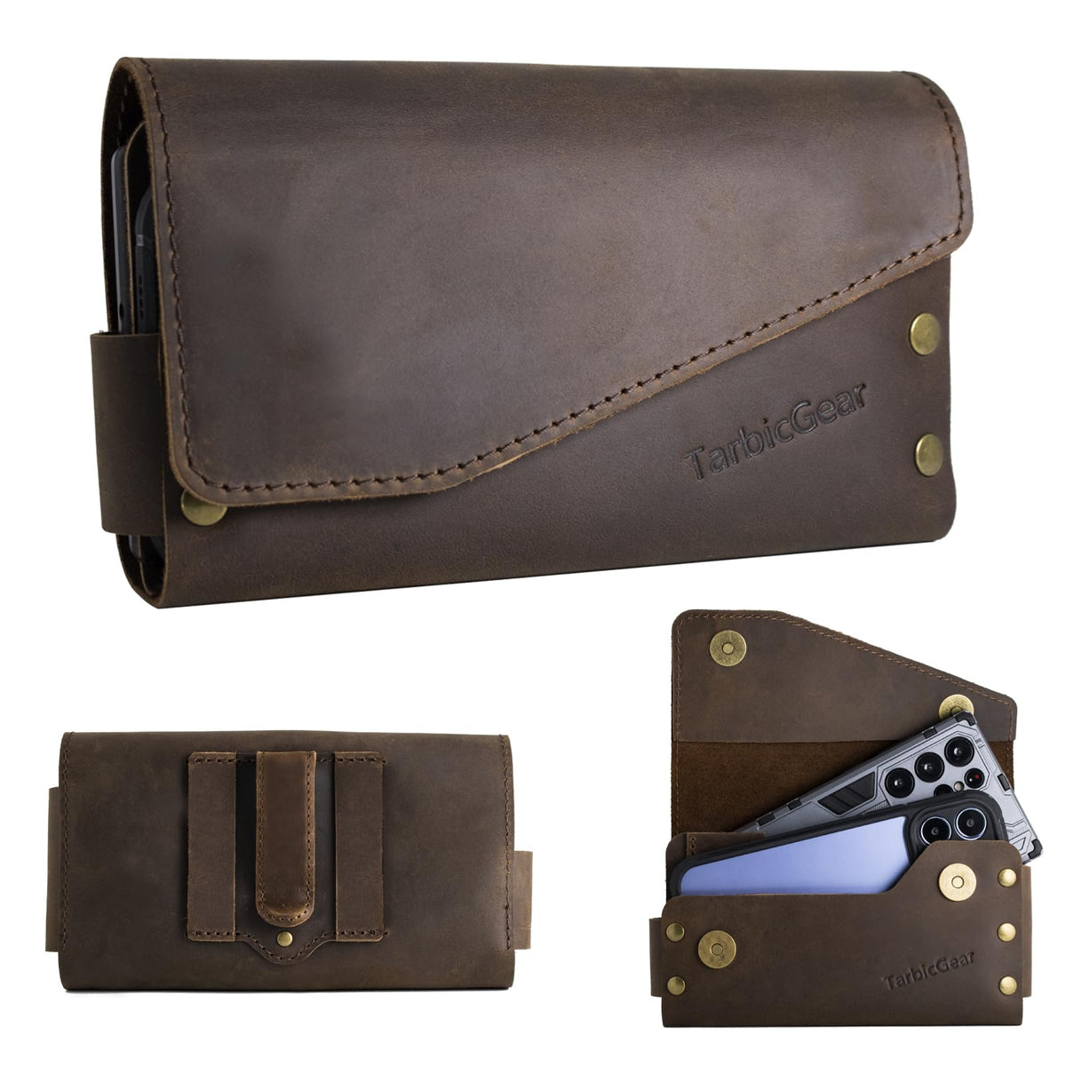 TarbicGear Leather Double Phone Case for Two Phones, Double Phone Holster for Men Belt, Belt Clip Dual Phone Pouch for iPhone 16 Pro Max, Samsung Galaxy S23 Ultra, for Work, Construction, Large Brown