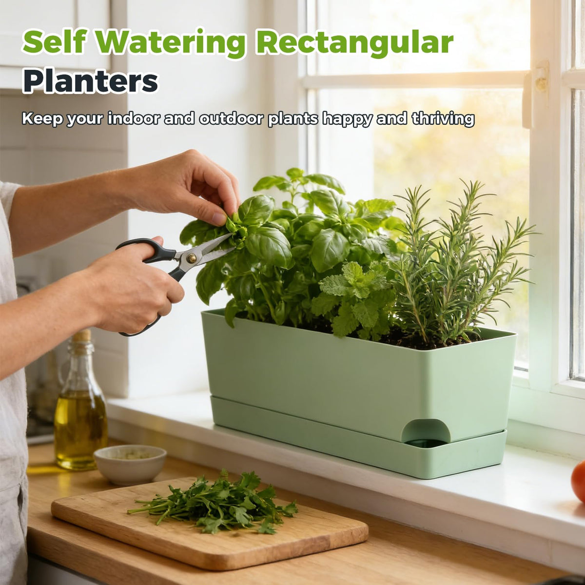 2 Pack Self Watering Pots for Indoor Plants 17 Inches Window Boxes Planters Rectangular Flower Pots Rectangle Herb Pots Large Plant Pots with Drainage Holes and Saucers Windowsill Planter, Green