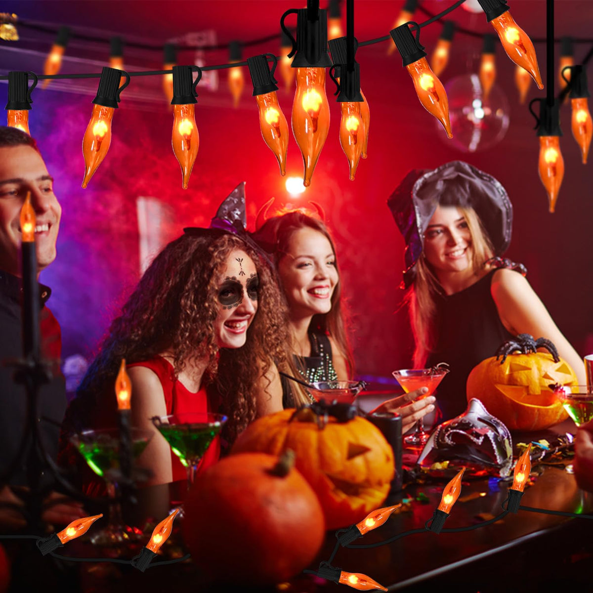 27.8Ft Halloween Decorations Flickering Flame String Lights with 27 Pack Orange Clear Flame Light Bulbs (4 Spare E12 Bulbs), Orange Christmas Lights Outdoor for Home Party Christmas Halloween Decor