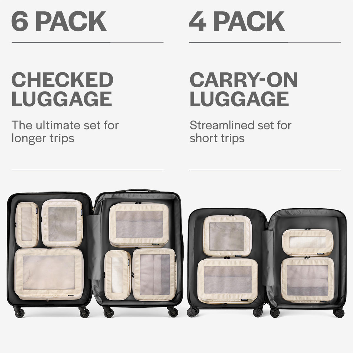 Aerotrunk Compression Packing Cubes for Travel - Luggage Organizer Bags - Double Zipper Packing Cubes for Suitcases (6-Pack, Beige)