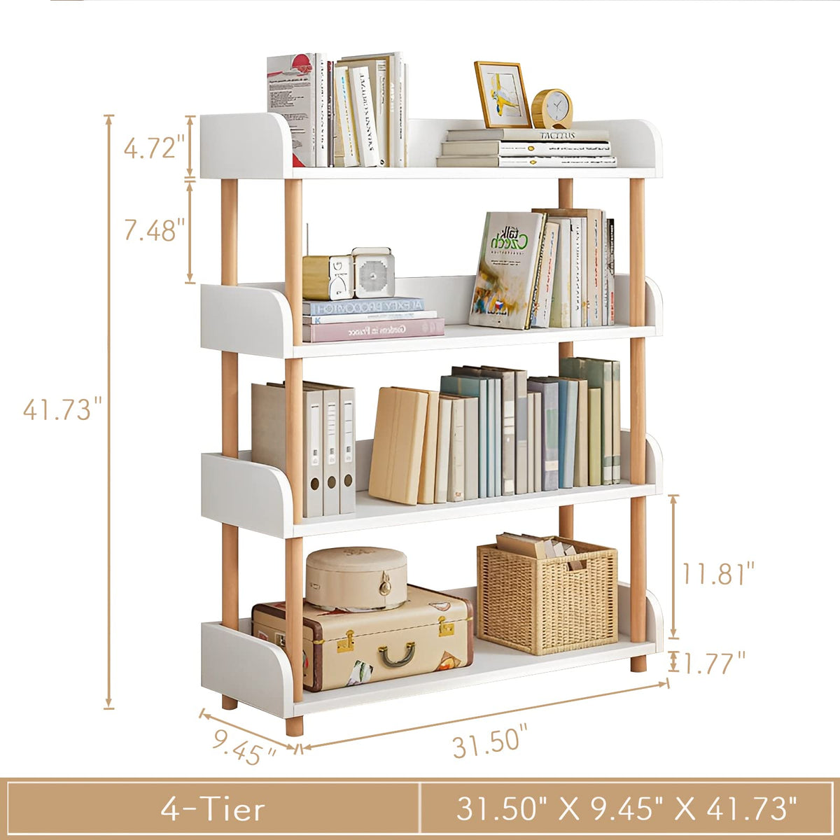 OSCHF 4-Tier Wooden Open Bookcase - Modern Display Bookshelf with Top Edge and Solid Wood Frame for Home and Office, Storage Cabinet, Warm White