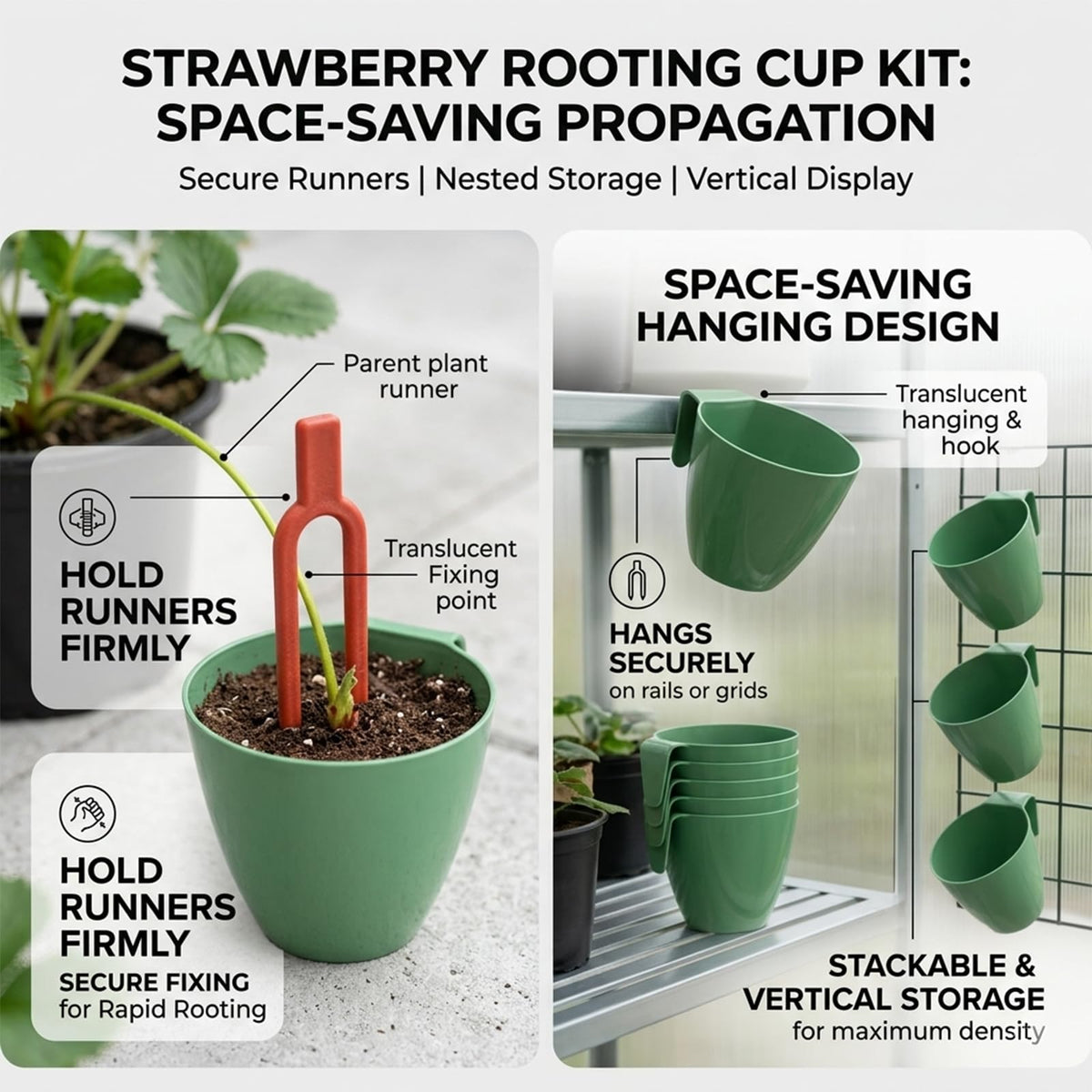 Strawberry Rooting Cup Kit with 20 Forks, Strawberry Propagation Cups, Space-Saving Hanging Design, Plastic Planter for Garden, Greenhouse, and Balcony (Large,green20pc)