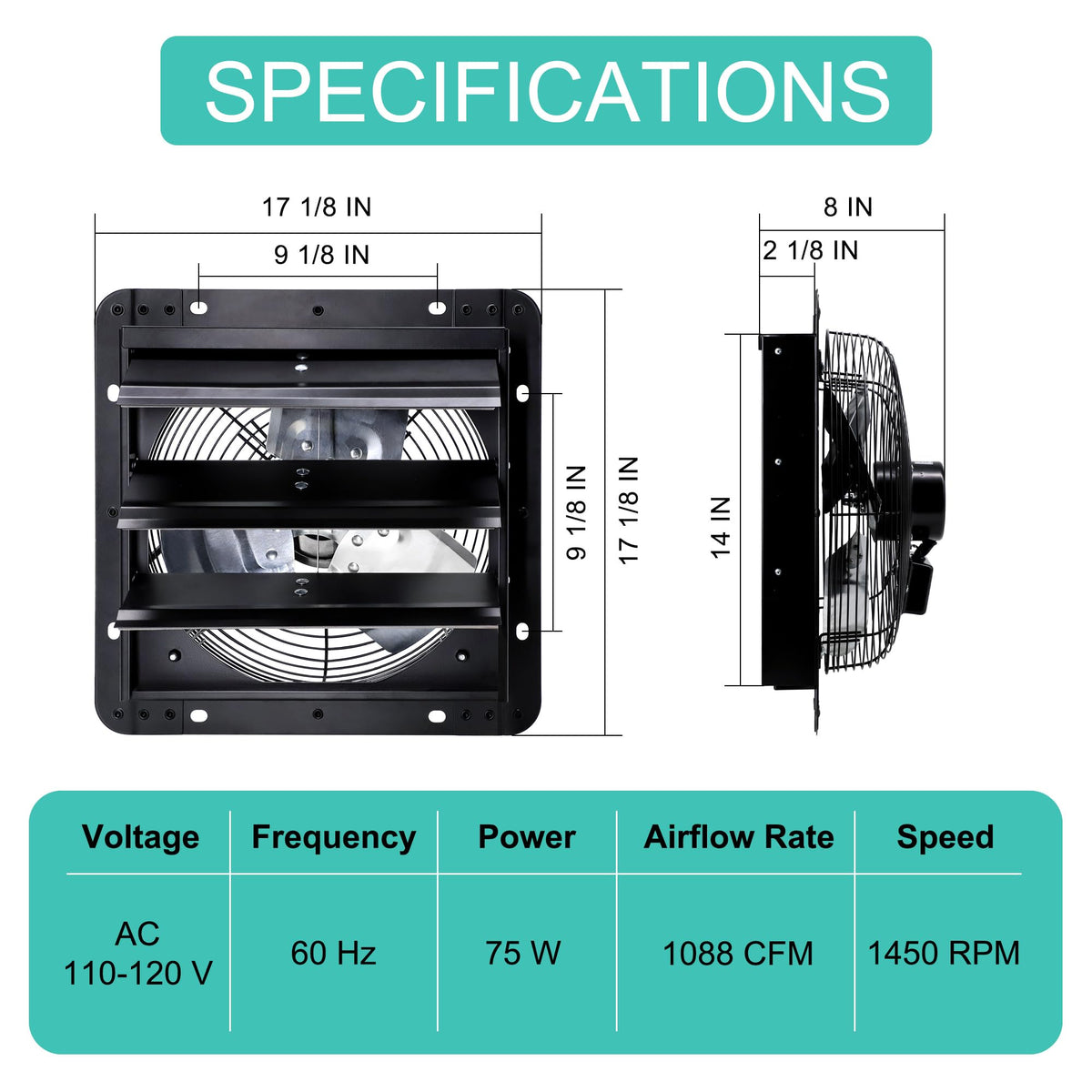 Hipoilk 14 Inch Shutter Exhaust Fan for Greenhouse, Shed, Garage, Barn, Chicken Coop Ventilation, 1088 CFM High Power Wall Mount Attic Fan with Speed Controller and Power Cord, Black