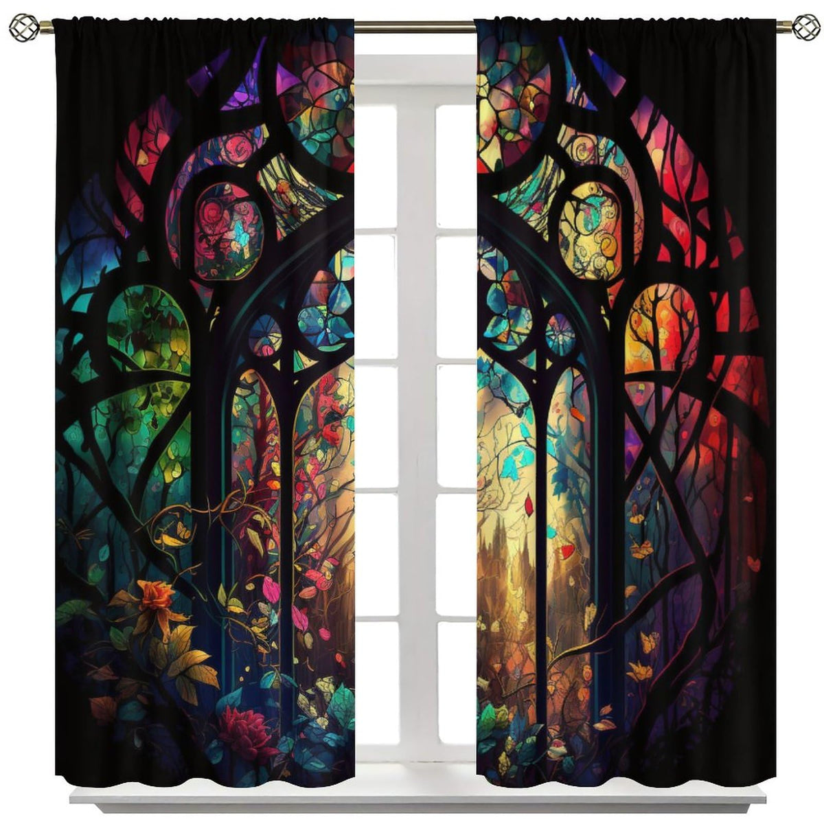 BenYaSong Castle Window Curtain, Arched Door Through Fairy Tale Forest, 2 Panels, 42x45 Inch, Blackout, Rustic Abstract Medieval Gothic